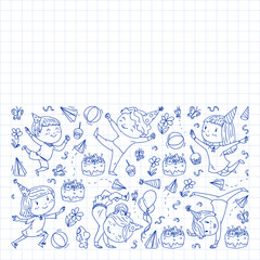 Vector illustration in cartoon style, active company of playful preschool kids jumping, at a party, birthday. Pen drawing in squared notebook.
