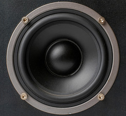 close up macro of black dynamic of sound audio speaker  monitors in studio