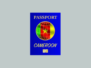 Cameroon National flag with International Passport with biometric digital data chip, realistic blue cover, vector illustration for icon, logo, brand, travel agency