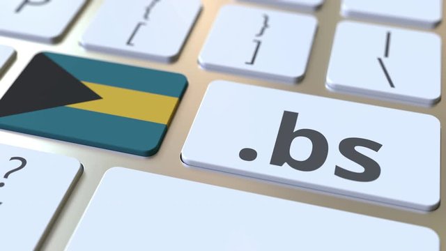Bahamian domain .bs and flag of Bahamas on the buttons on the computer keyboard. National internet related 3D animation