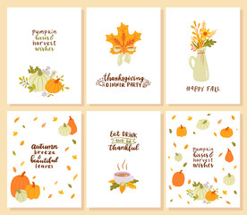 Set of cards. Thanksgiving day. Hand drawn lettering.
