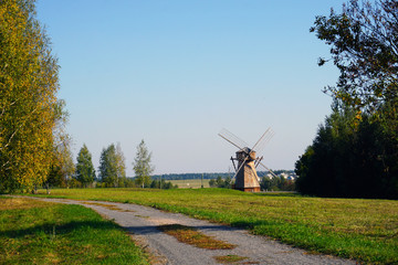 Wooden windmill in the ancient village of Strochitsy Ozertso, Minsk region, Belarus