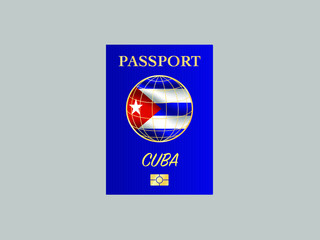 Cuba National flag with International Passport with biometric digital data chip, realistic blue cover, vector illustration for icon, logo, brand, travel agency