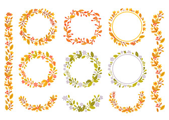 Set of floral frames, borders. Leaves, branches, berries, flowers.