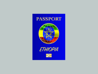  Ethiopia National flag with International Passport with biometric digital data chip, realistic blue cover, vector illustration for icon, logo, brand, travel agency