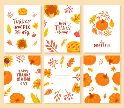 Set of happy thanksgiving cards. 