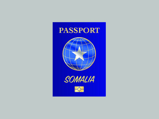 Somalia National flag with International Passport with biometric digital data chip, realistic blue cover, vector illustration for icon, logo, brand, travel agency