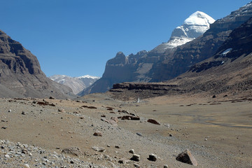 Fototapeta na wymiar Mountainous landscape. View at Mount Kailash, which is sacred in four religions: Bon, Buddhism, Hinduism and Jainism. Tibetan Plateau, Tibet, China, Asia.