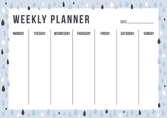 Cute weekly planning template for thing and date in Scandinavian style. Blank planner with notes on background with blue and glitter rain. Stylish weekly plan. Vector illustration