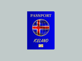 Iceland National flag with International Passport with biometric digital data chip, realistic blue cover, vector illustration for icon, logo, brand, travel agency