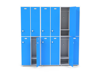 Blue lockers. Two row section of lockers for schoool or gym