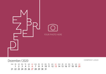 2020 New Desk Calendar German language December line design template crimson background