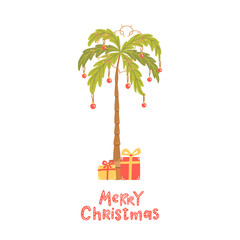 Palm with christmas balls, lamp garland, gifts. Merry Christmas.