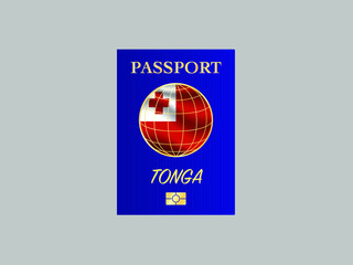 Tonga National flag with International Passport with biometric digital data chip, realistic blue cover, vector illustration for icon, logo, brand, travel agency