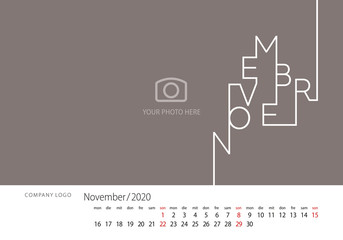 2020 New Desk Calendar German language November line design template dark grey background
