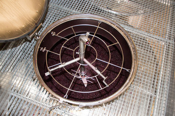 Fototapeta na wymiar Modern aluminum barrels winery machine with red grapes