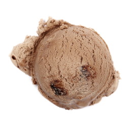 Chocolate ice cream ball isolated on white, top view