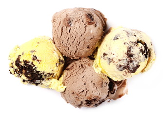 Chocolate and vanilla ice cream isolated on white background, top view