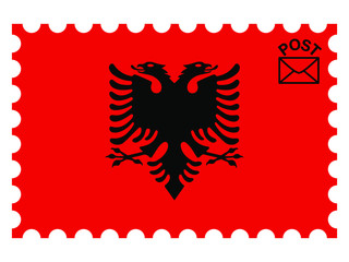 Albania national flag with inside postage stamp isolated on background. original colors and proportion. Vector illustration, from countries flag set