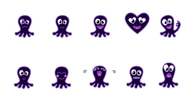 Set 1 of animated emoji octopus. Alpha channel
