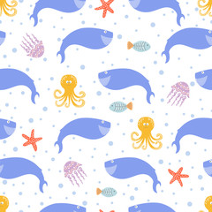 Cartoon pattern with sea inhabitants - whale, octopus, fish, starfish, jellyfish. Vector 
