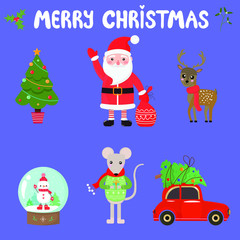 Vector graphics. Bright, cute cartoon set with Christmas characters. Funny Christmas and New Year characters. Icons template. Hand written text. 