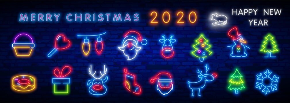 Christmas neon icon set. Merry Christmas and Happy New Year. Set neon icon, label, emblem. Bright signboard, light banner. Vector illustration