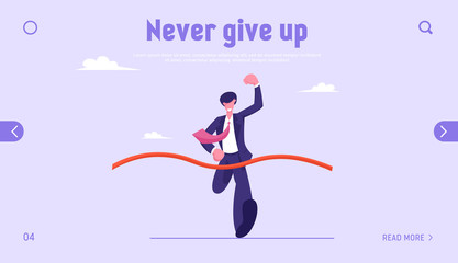 Career Success, Corporate Competition, Leadership Website Landing Page. Cheerful Business Man Crossing Finish Line of Racing Track Show Winner Gesture Web Page Banner. Cartoon Flat Vector Illustration