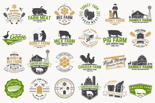 American Farm and Honey bee farm Badge or Label. Vintage typography design with bee, honeycomb piece, hive, chicken, pig, cow and farm house silhouette. Elements on the theme farm business.