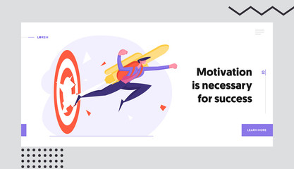 Goal Achievement and Career Boost Website Landing Page. Businessman Punch Through Huge Target with Jet Pack on Back. Office Employee Flying by Rocket Web Page Banner. Cartoon Flat Vector Illustration
