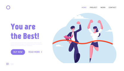 Team Leaders Competition Website Landing Page. Leadership and Teamwork Concept. Business People Running to Finish Crossing Finish Line with Ribbon Web Page Banner. Cartoon Flat Vector Illustration