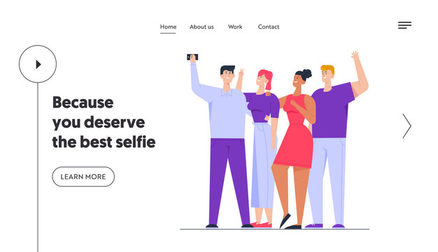 Friends Standing Together Posing and Gesturing Making Selfie Website Landing Page. Company of People Photographing on Smartphone. Friendship Relations Web Page Banner. Cartoon Flat Vector Illustration