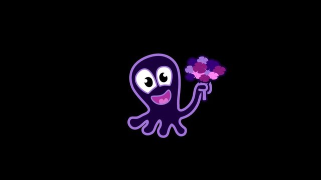 animated monst gives a bouquet. Emoji gift. Funny cartoon octopus. Alpha channel isolated