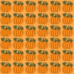 Pumpkins seamless pattern with lettering. Autumn background. Vector.