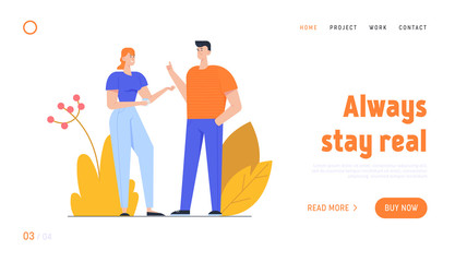 Friends or Colleagues Friendly Discussing Website Landing Page. Young Man and Woman with Cup of Hot Drink Talking and Communicate People Communicating Web Page Banner. Cartoon Flat Vector Illustration