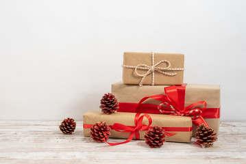 Christmas gifts with recycled paper, with Christmas decoration. christmas party concept