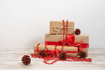 Christmas gifts with recycled paper, with Christmas decoration. christmas party concept