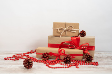 Christmas gifts with recycled paper, with Christmas decoration. christmas party concept