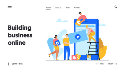 Designers Develop Application for Mobile Phone Website Landing Page. Business People Creative Team Putting App Icons on Huge Smartphone Screen Teamwork Web Page Banner Cartoon Flat Vector Illustration