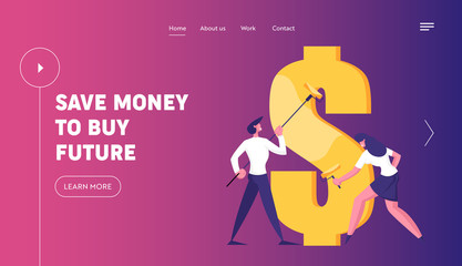 Economy and Finance Success Website Landing Page. Business Man and Woman with Rollers Drawing Huge Dollar Sign with Gold Paint. Commerce Money Profit Web Page Banner. Cartoon Flat Vector Illustration