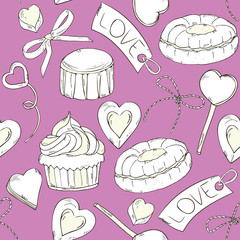 Seamless  pattern  Valentines day,wedding, birthday hand drawing,  baking and sweets,  sweets, cakes, cupcake .Christmas, holidays decoration. For menus, packaging, fabrics, invitations . sketch heart