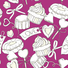 Seamless  pattern  Valentines day,wedding, birthday hand drawing,  baking and sweets,  sweets, cakes, cupcake .Christmas, holidays decoration. For menus, packaging, fabrics, invitations . sketch heart