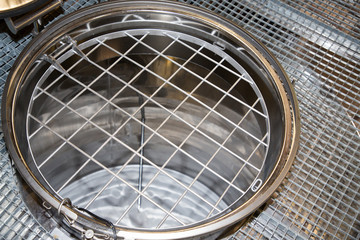 top view wine cellar with stainless steel tanks vats aluminum barrels