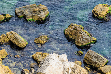 Fototapeta na wymiar Green Thracian cliffs, Cape Kaliakra, Black sea water, bulgarian coastline