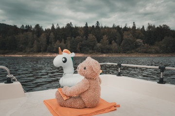 Teddybär schaut von einem Boot auf ein aufblasbares Einhorn