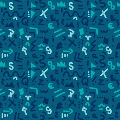 Vector abstract doodle lines seamless pattern. Hand drawn background in turquoise tones.