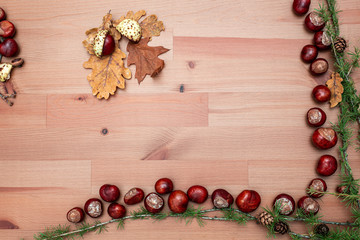 Autumn harvest. chestnuts and leaves on a light wooden background, green branches with pinecones, top view