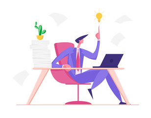 Creative Businessman Having Good Idea. Business Man Sitting at Table with Much Work Pointing on Glowing Light Bulb above of his Head. Overloaded Office Worker Insight Cartoon Flat Vector Illustration