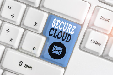 Conceptual hand writing showing Secure Cloud. Concept meaning Protect the stored information safe Controlled technology White pc keyboard with note paper above the white background