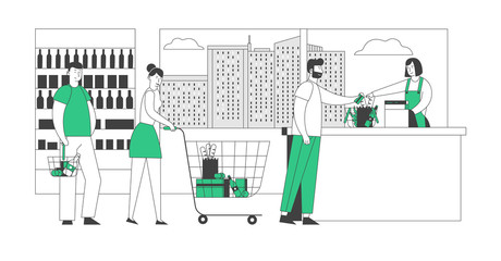 Customers Stand in Line at Grocery or Supermarket Turn with Goods in Shopping Trolley Put Buys on Cashier Desk for Paying. Purchases Sale, Queue in Store Cartoon Flat Vector Illustration, Line Art